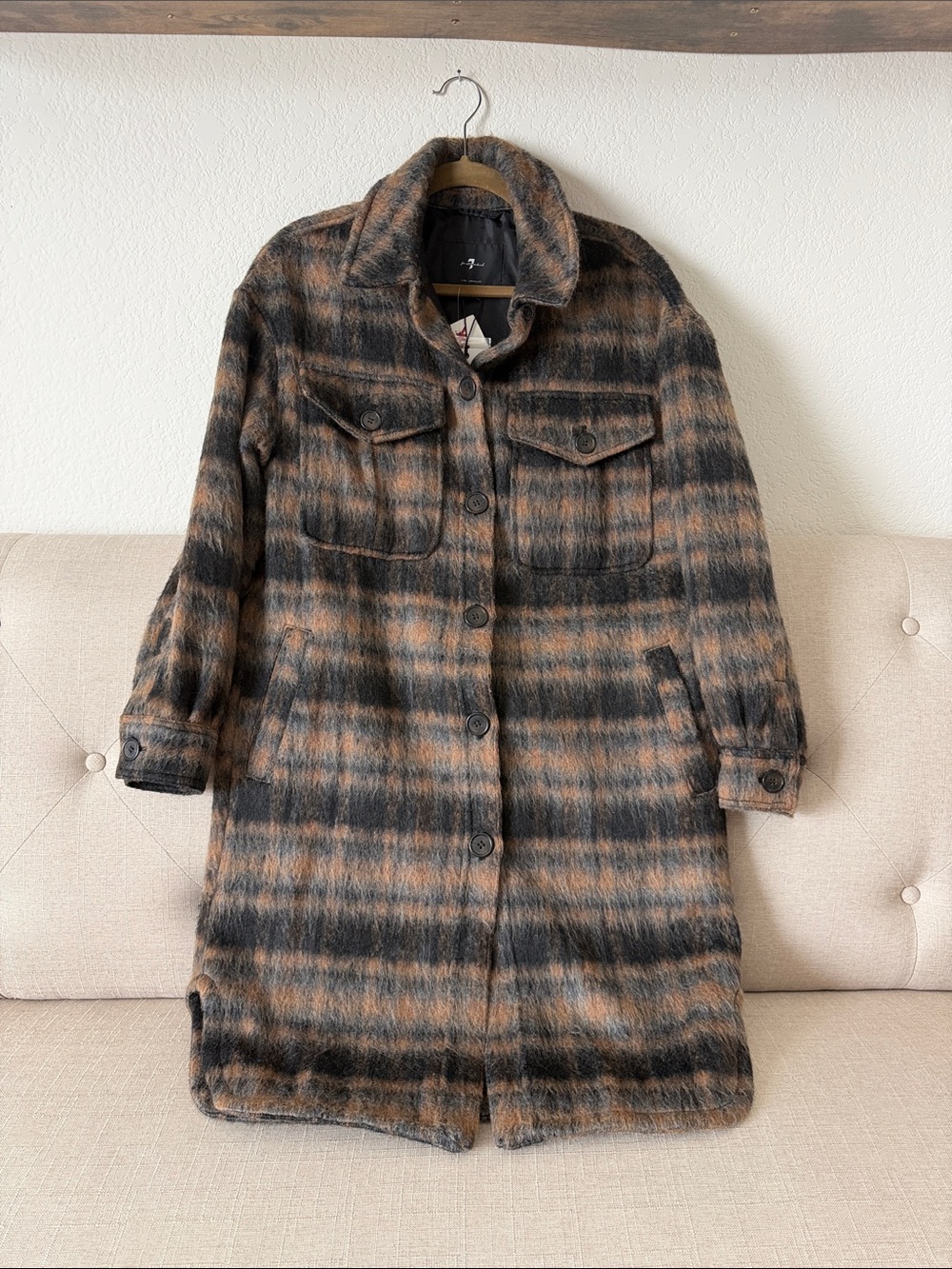 7 For All Mankind Brushed Plaid Long Shacket in Brown and Black